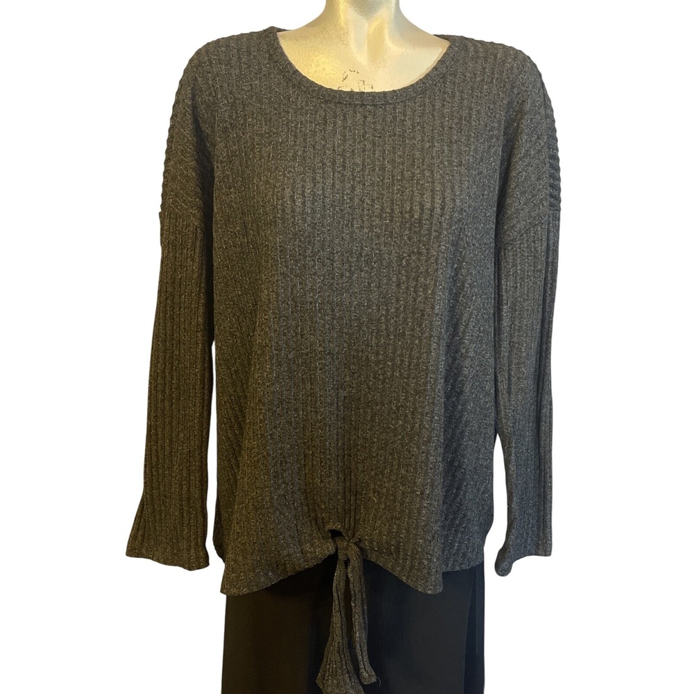 St. 1946 Womens Plus‎ Size 22/24 Charcoal Gray Ribbed Tie Front Top Long Sleeve